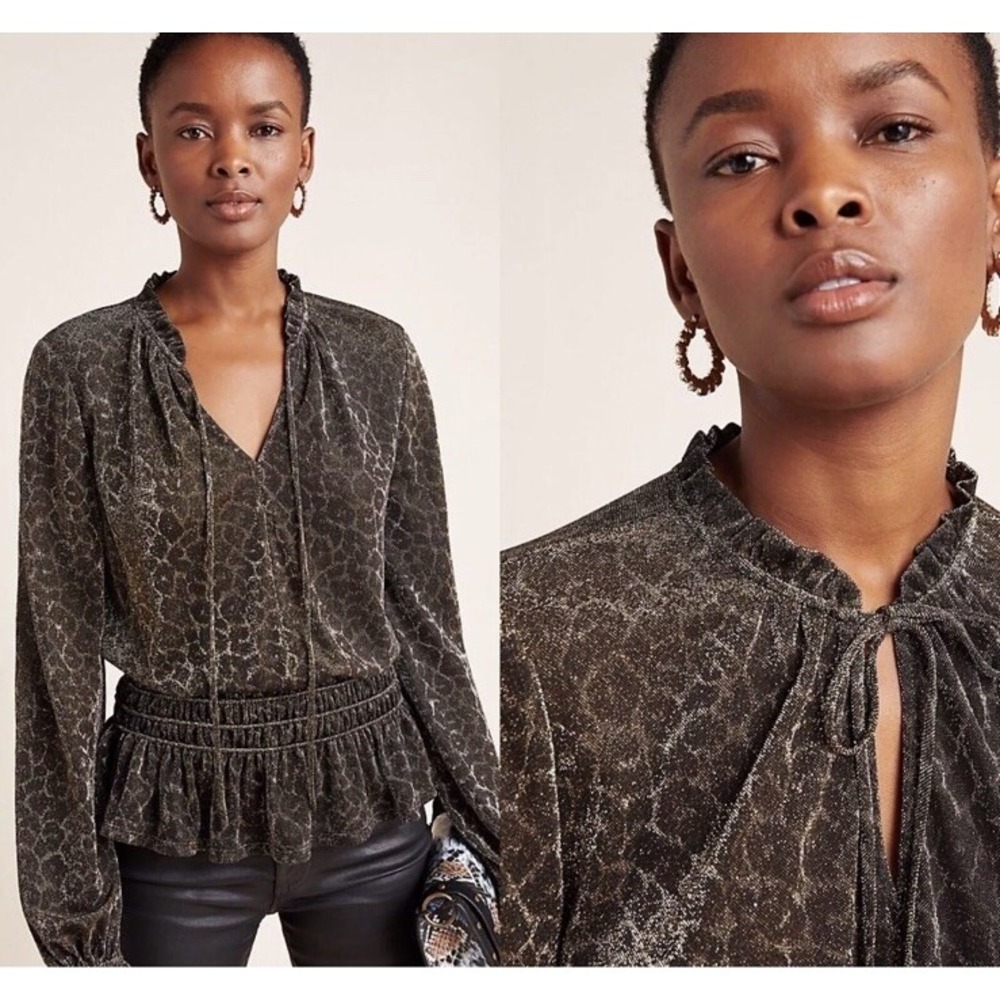 Current Air • Melina Shimmer Metallic Leopard Print Smocked Peplum Blouse XS‎